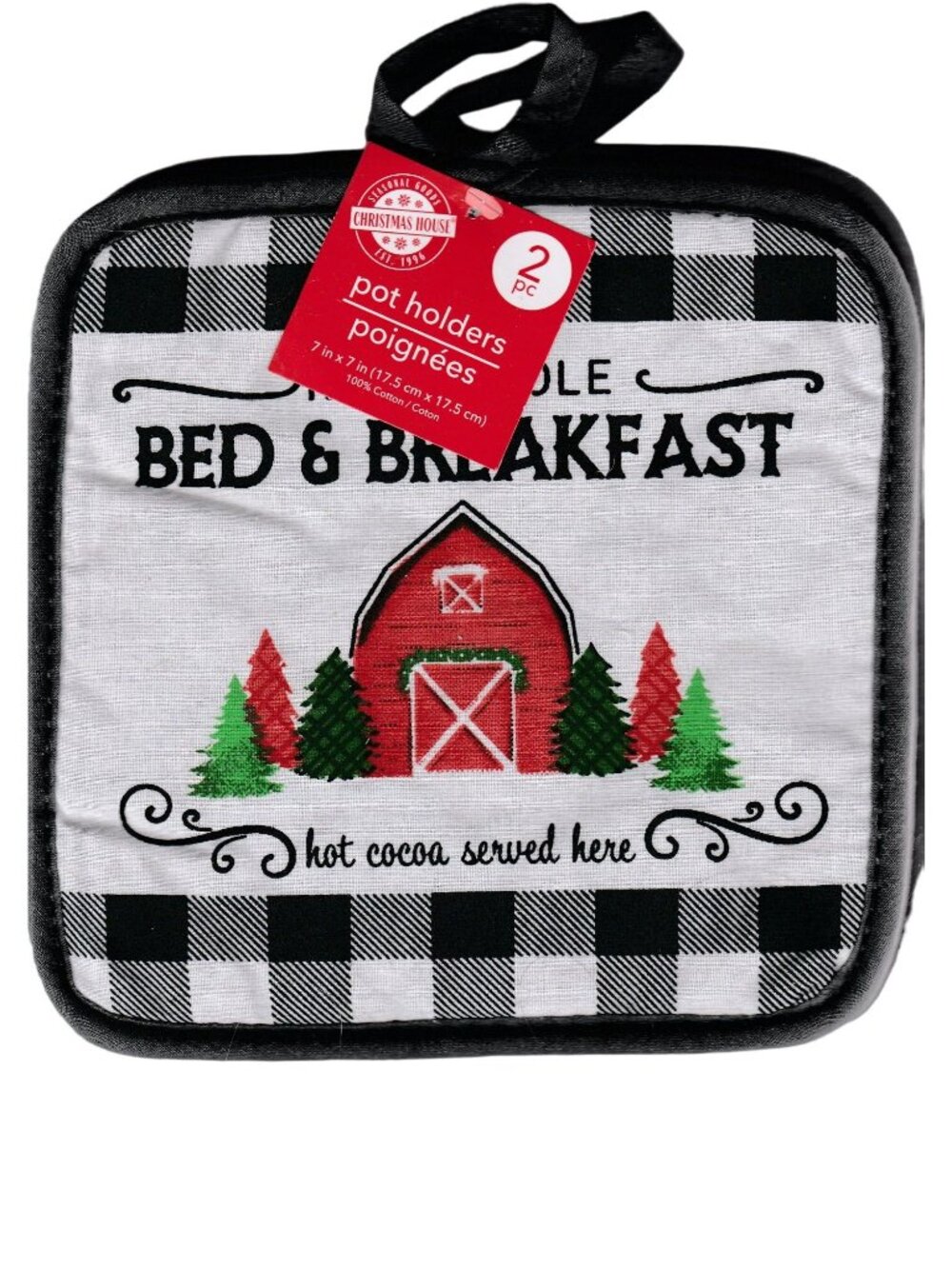 North Pole Bed and Breakfast Hot Pad 7 x 7 inch Hot cocoa served her Black White